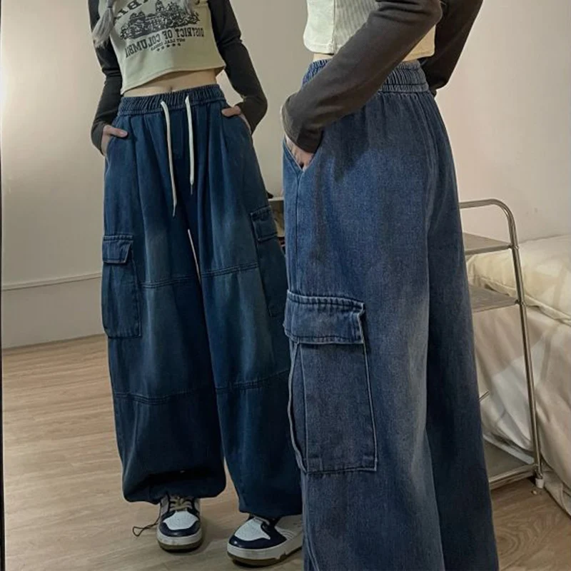 Harajuku Y2K Vintage Blue Cargo Jeans Women Elastic Waist Oversized Baggy Denim Pants Fall Drawstring Cotton Streetwear Trousers