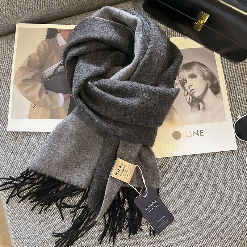 2023Winter NewWool Solid Color Simple Double sided Wool Women's Scarf Thickened and Warm Narrow Edition TasselWrapped with Shawl