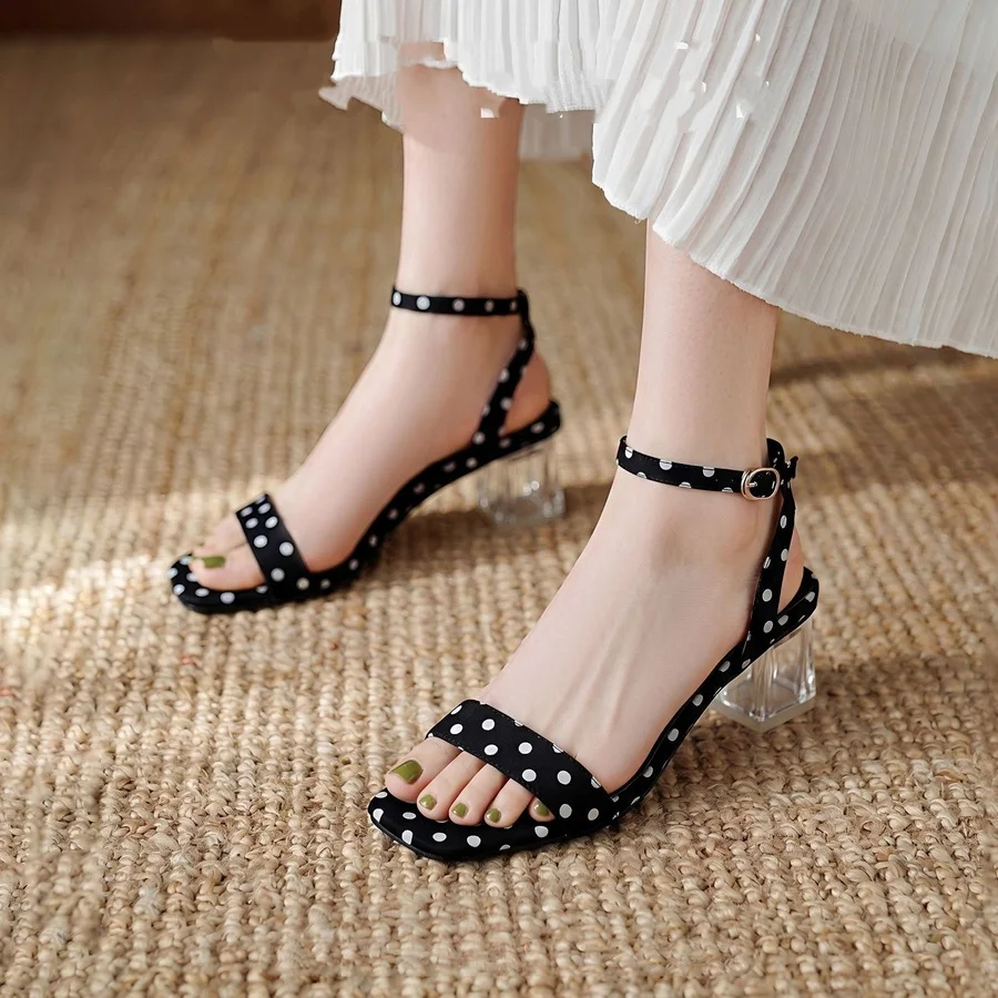 

Black White Polka Dot Sandals For Women Clear Block Heel Office Shoes Woman Retro Square Toe Ankle Strap Summer Casual Sandals