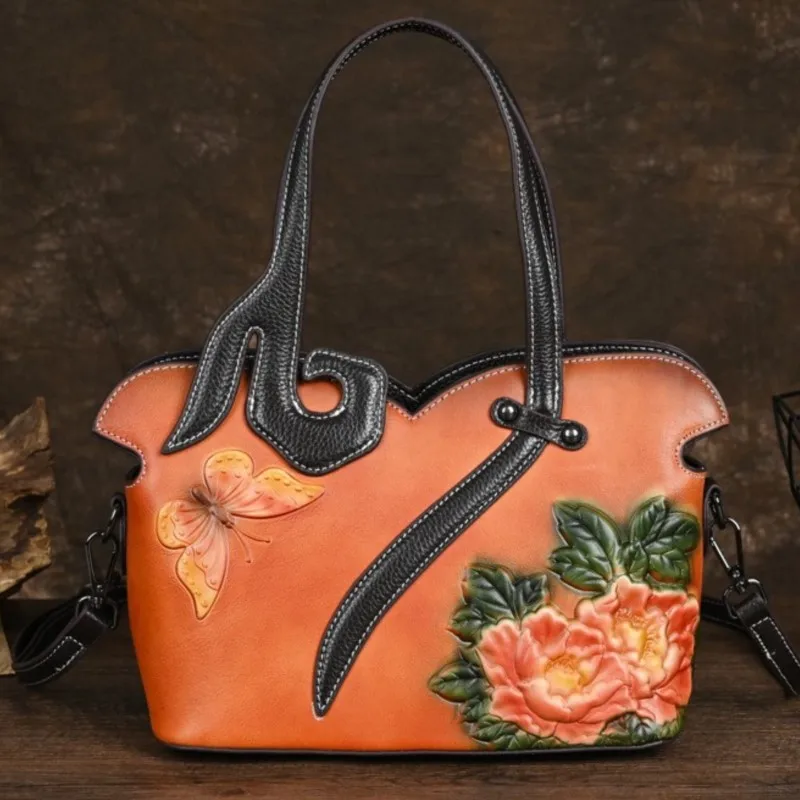 Johnature 2024 New Genuine Leather Women Bag Handmade Embossing Retro Luxury Handbags Large Capacity Shoulder & Crossbody Bags