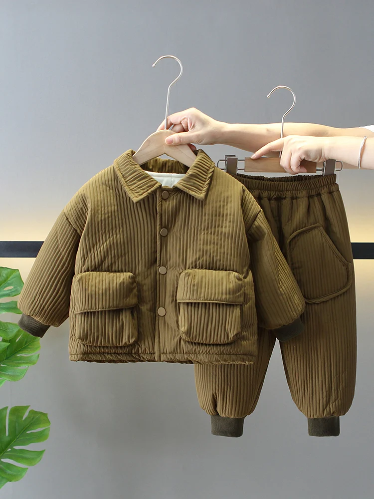 Winter Korean Casual Children Outfits Fashion Style Lapel Striped Fleece Thick Baby Boys Clothes Suit Infant Solid Warm 2PCS