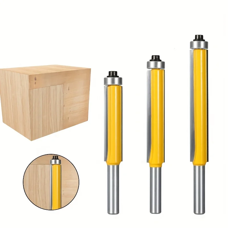 1/3Pc Long Flush Trim Router Bit w/Bearing - Double-Edge Straight Cutter for Edge Trimming & Wood Routing