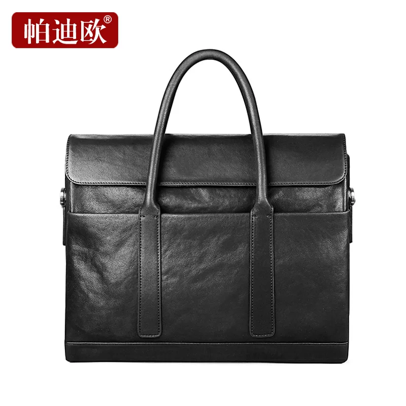 Padieoe Fashion Cowhide Male Business Men Briefcase Bag Luxury Leather Laptop Bag Man Black Handbag Large Capacity Shoulder Bag