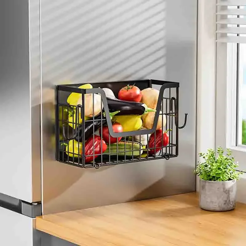 Magnetic Folding Fruit and Vegetable Storage Rack - Punch-Free Fridge Side Organizer with Kitchen Seasoning Box Holder