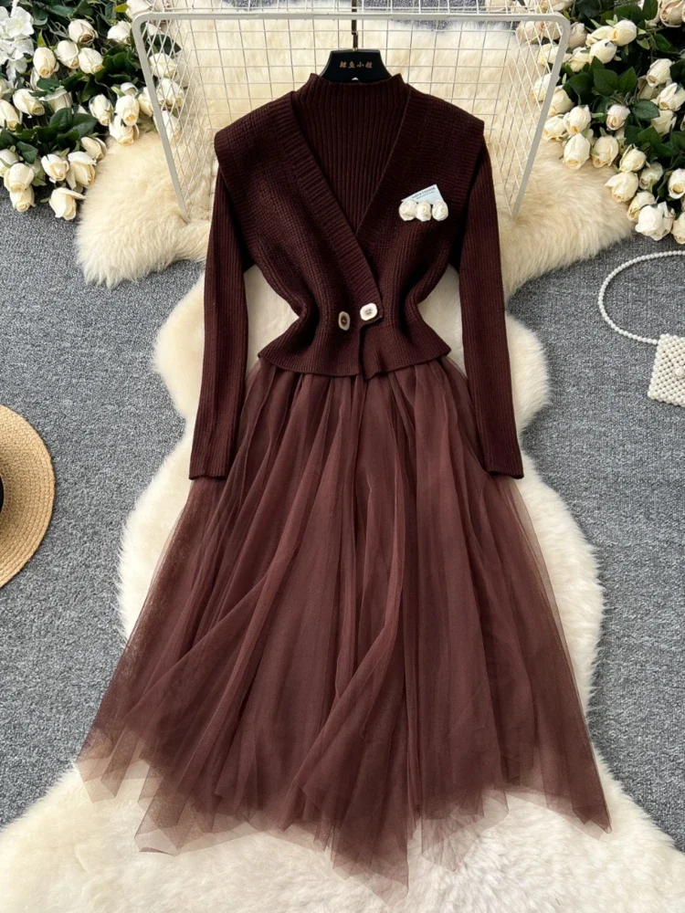 Women Casual Elegant Street Set Winte Round Neck Long Sleeve Color Blocked Irregular Dress V-neck Single Breasted Vest for Women