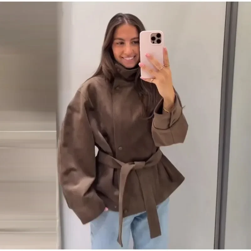 Kurze Damen-Winterjacke aus Wildleder mit Gürtel, Herbstmantel, Langarm, Locker Geschnitten, Lässige Oberbekleidung, Modische Streetwear – Detail 8