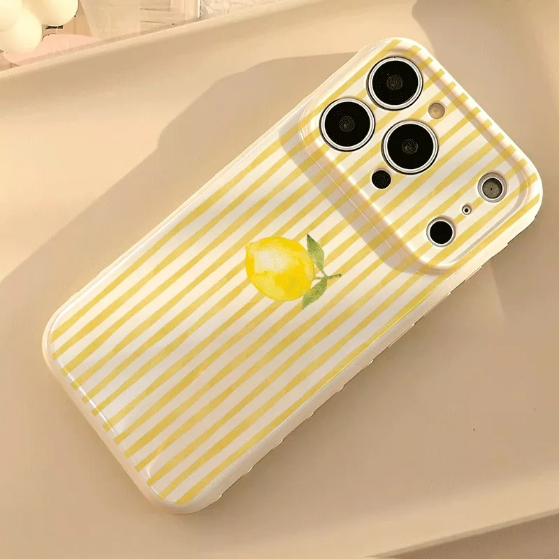 Gestreiftes Aquarell-Zitronenmuster Weiße Handyhülle für iPhone 18 17 16 15 14 13 12 11 Pro Max Plus Stoßfeste TPU-Silikonhülle