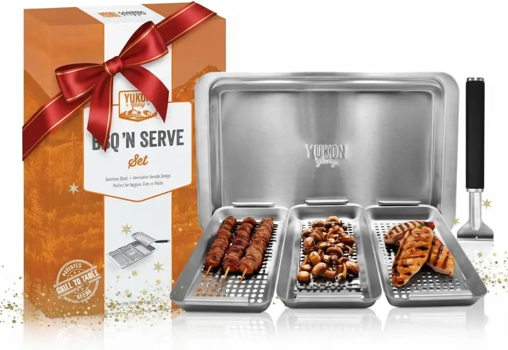 

Stainless Steel BBQ Grill Basket Set with Drip Tray & Removable Handle for Fish, Shrimp, Veggies