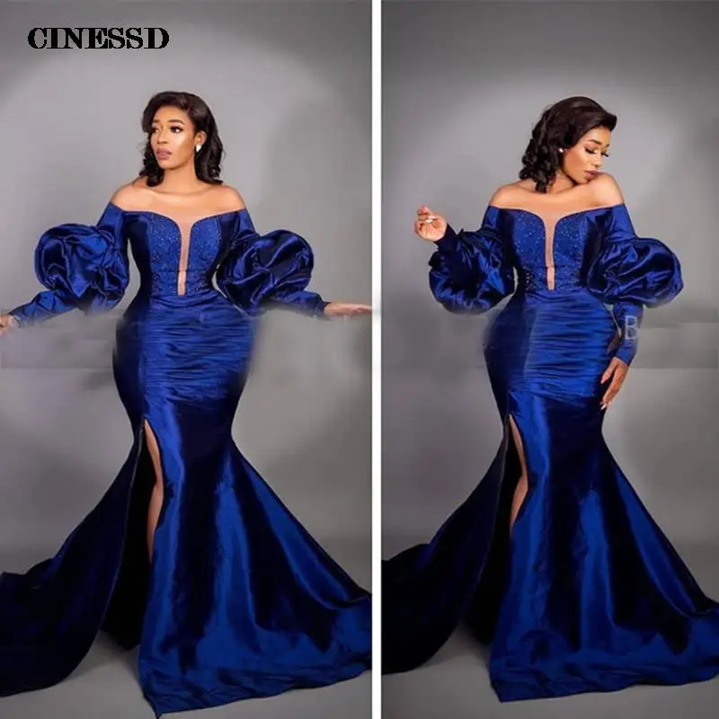 Sleeves Mermaid Formal Evening Dresses Royal Blue Satin Side Split Women Long Evening Dress Robe De Soiree De Mariage Customized