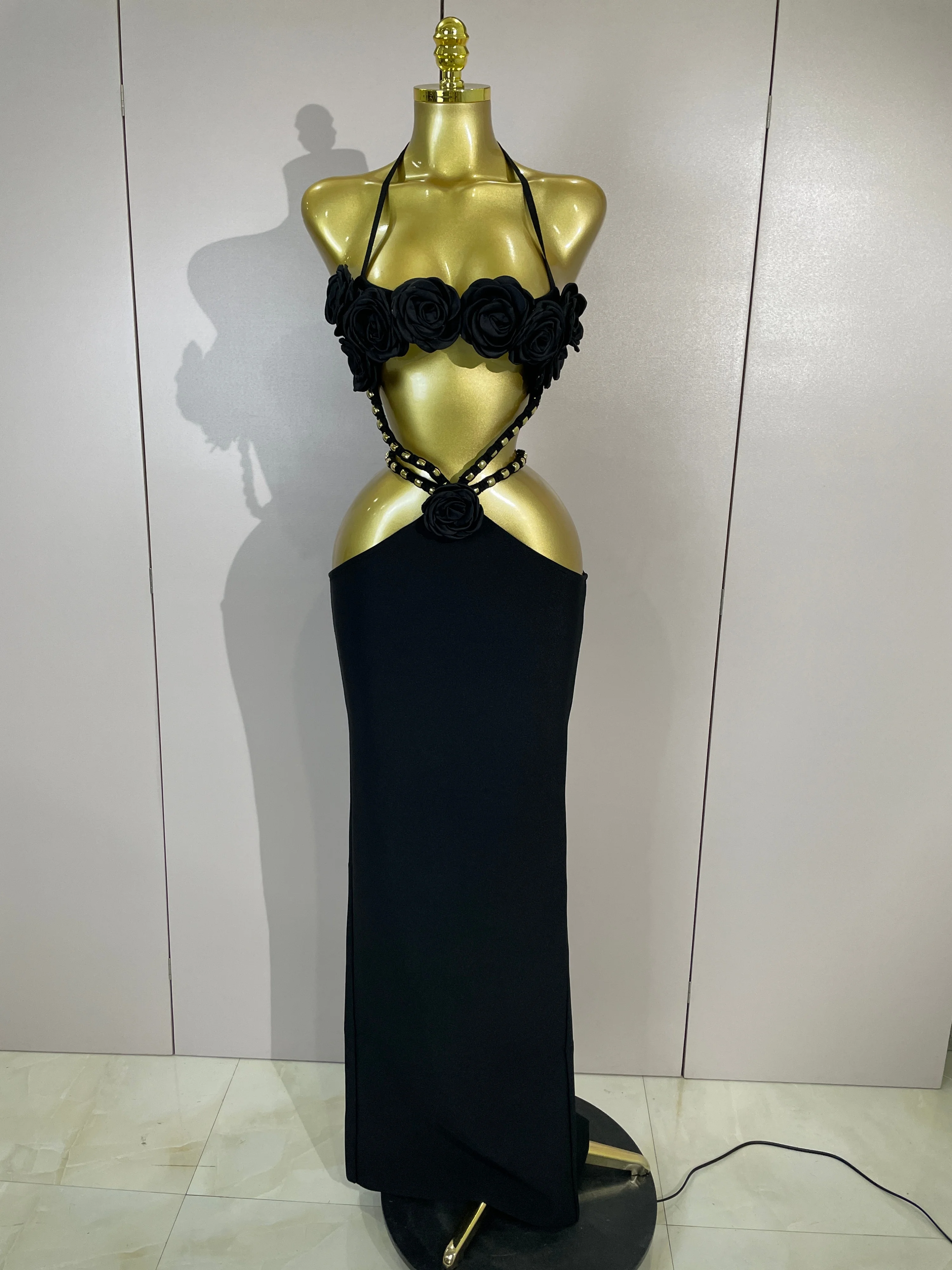 Sexy 3D Flower Halter Hollow Out Sleeveless Black Bodycon Long Bandage Dress Women Celebate Elegant Luxury Birthday Club Dress