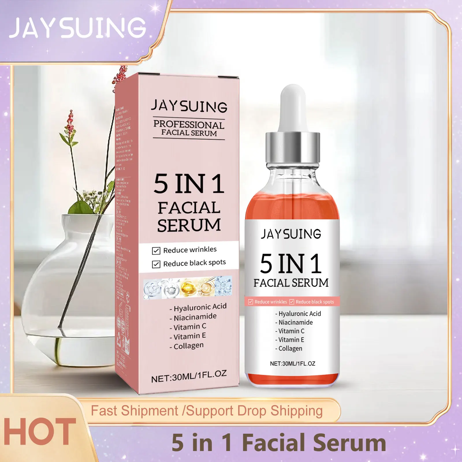 JAYSUING 5 in 1 Facial Serum Hyaluronic Acid Vitamin C Shrink Pores Hydrating Brightening Fade Fine Lines Firming Facial Serum