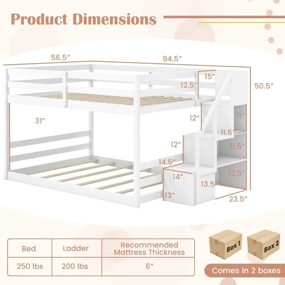 Bunk Bed,with Storage Staircase, Low Bunks Beds with For Kids, Teens, Adults, Dorm, Small Space, Solid Wood Floor Bunk Bed