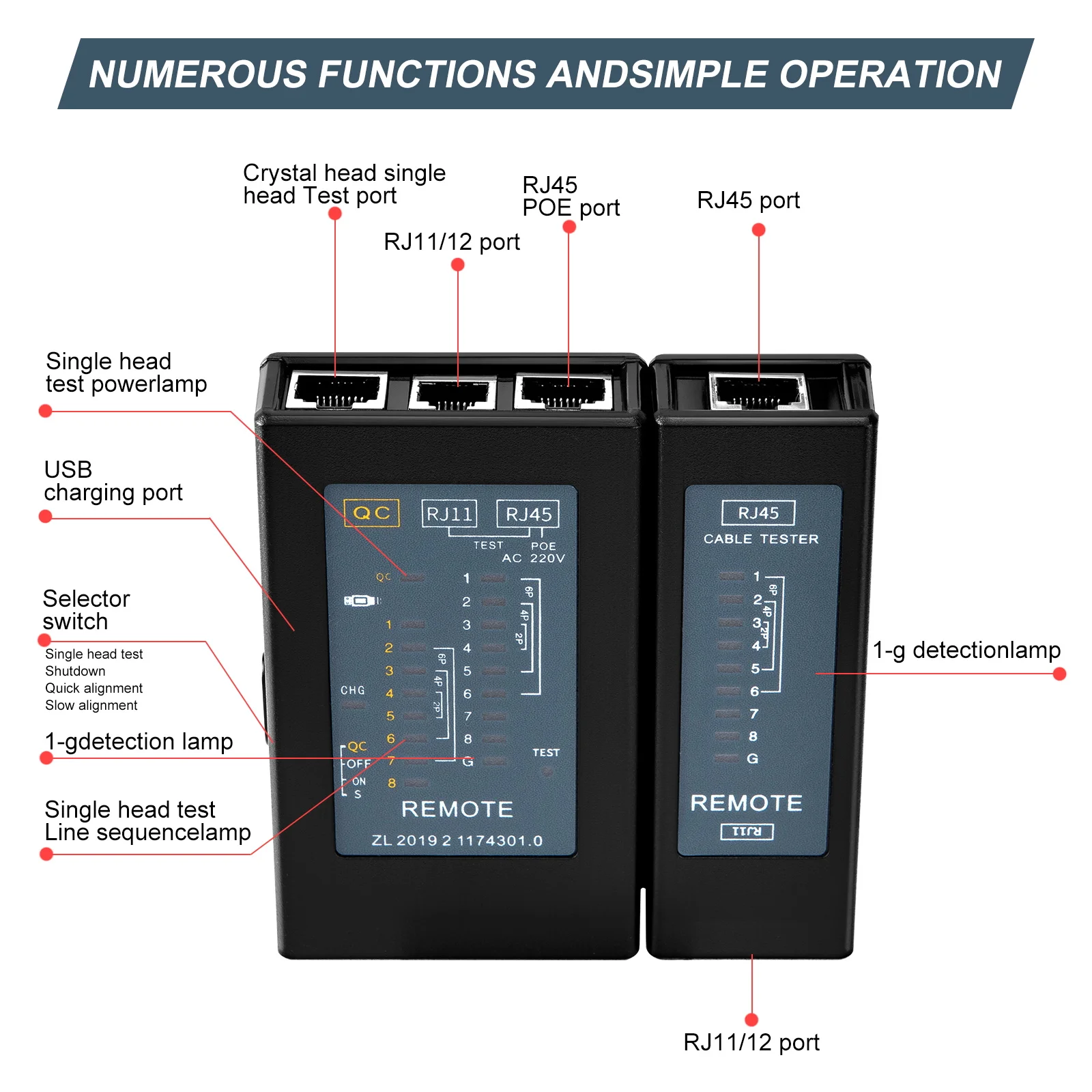 جهاز اختبار كابل شبكة ZoeRax مع كشف منفذ RJ45 أحادي الطرف لـ RJ45/11/12 اختبار كابل الرأس الواحد STP UTP (إصدار الشحن)