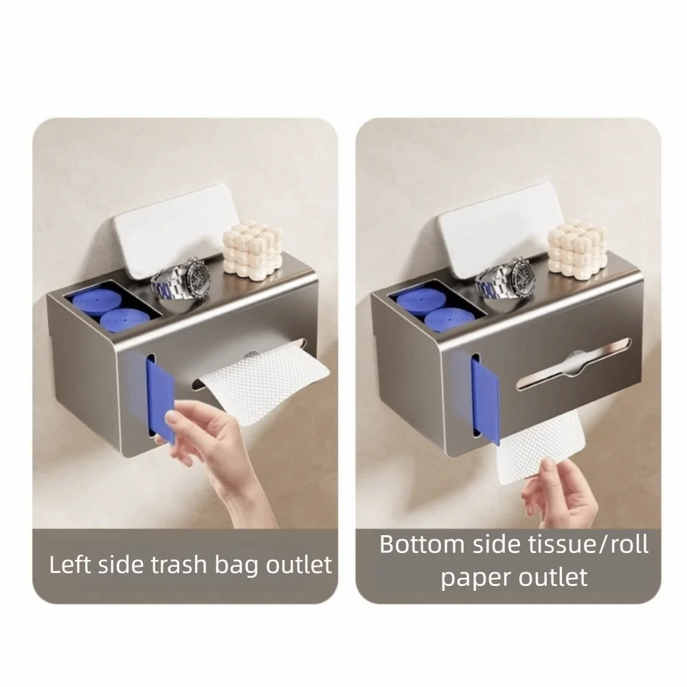 الكربون الصلب حامل ورق المرحاض لكمة الحرة مقاوم للماء صندوق ورق التواليت الحائط مع كيس القمامة حامل الأنسجة رف مرحاض #4