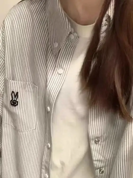 

Korean Style Sweet Rabbit Stripe Long Sleeve Women's Shirt Spring Loose Design Casual Versatile Top Collar Regular Length