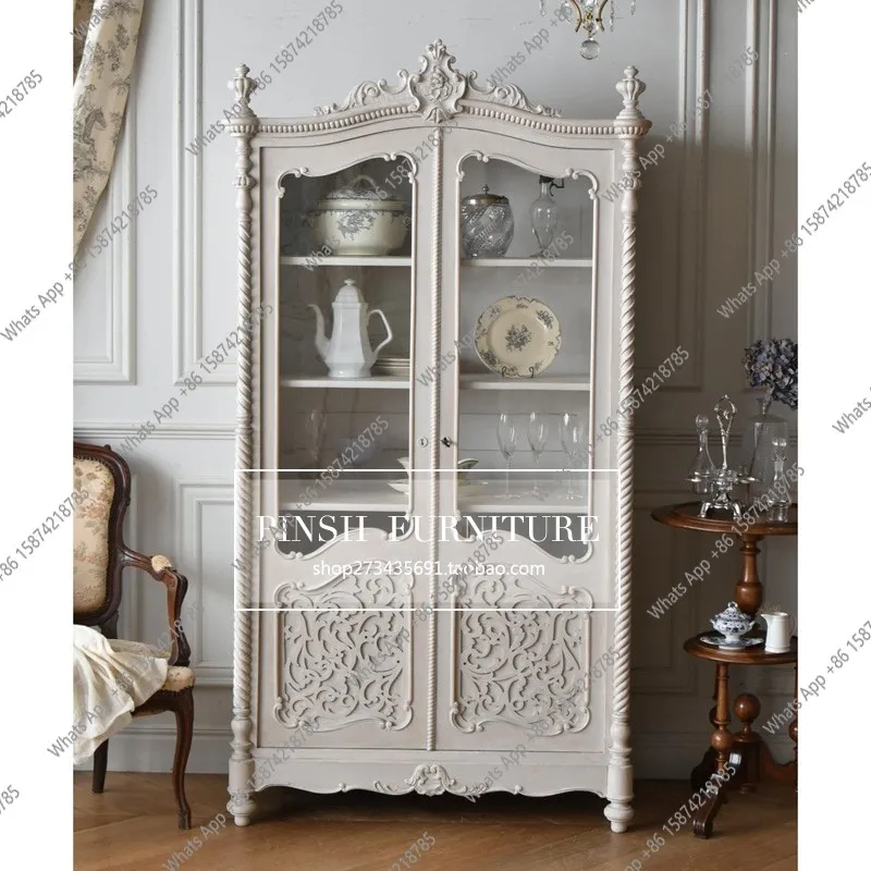 French retro old dining side cabinet European solid wood carving flower wine cabinet glass door display storage bookcase