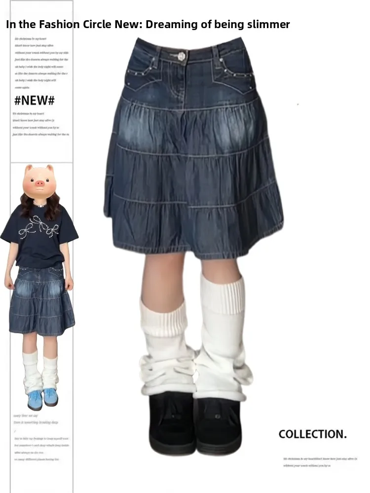 

Джинсовая юбка в американском стиле ретро, женская юбка-миди со средней талией, плиссированная, изношенная, летняя уличная, универсальный эффект для похудения