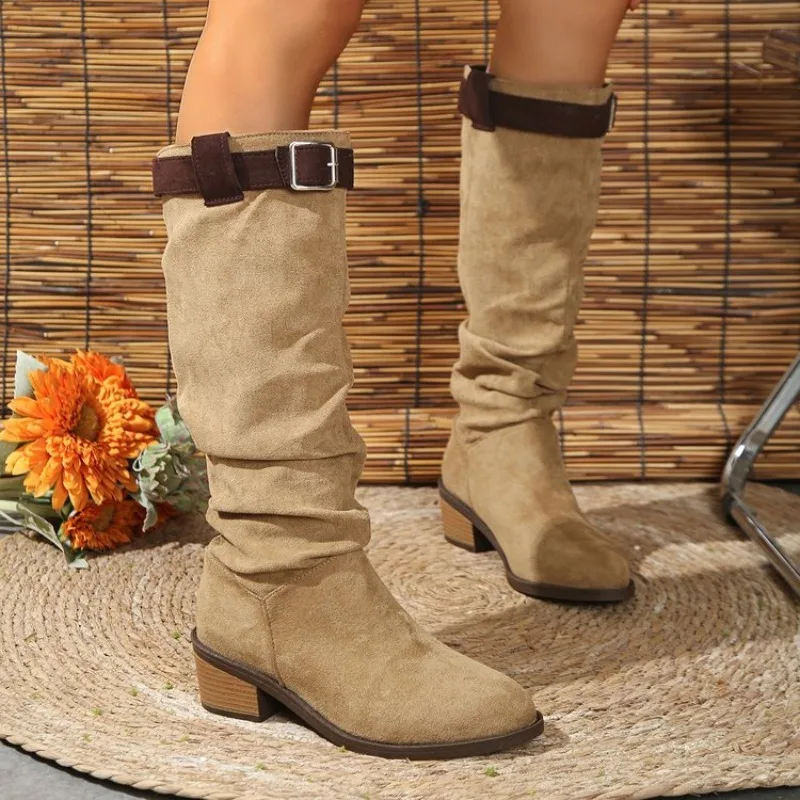 

Platform Thick Heel Women Western Cowboy Boots Fashion Slip On Folded Pile Long Booties Female Shoes Autumn Winter Plus Size 43