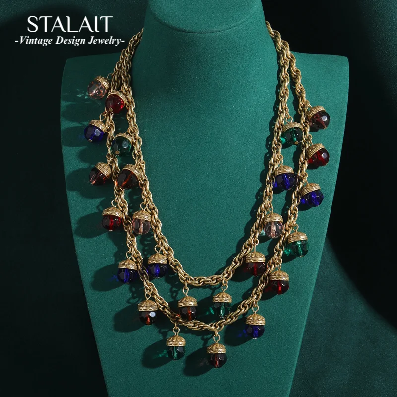 

Подвески, красочный стеклянный шар с подвесками, многослойные ожерелья, винтажные для женщин, роскошная длинная цепочка золотого цвета для девочек, новый тренд