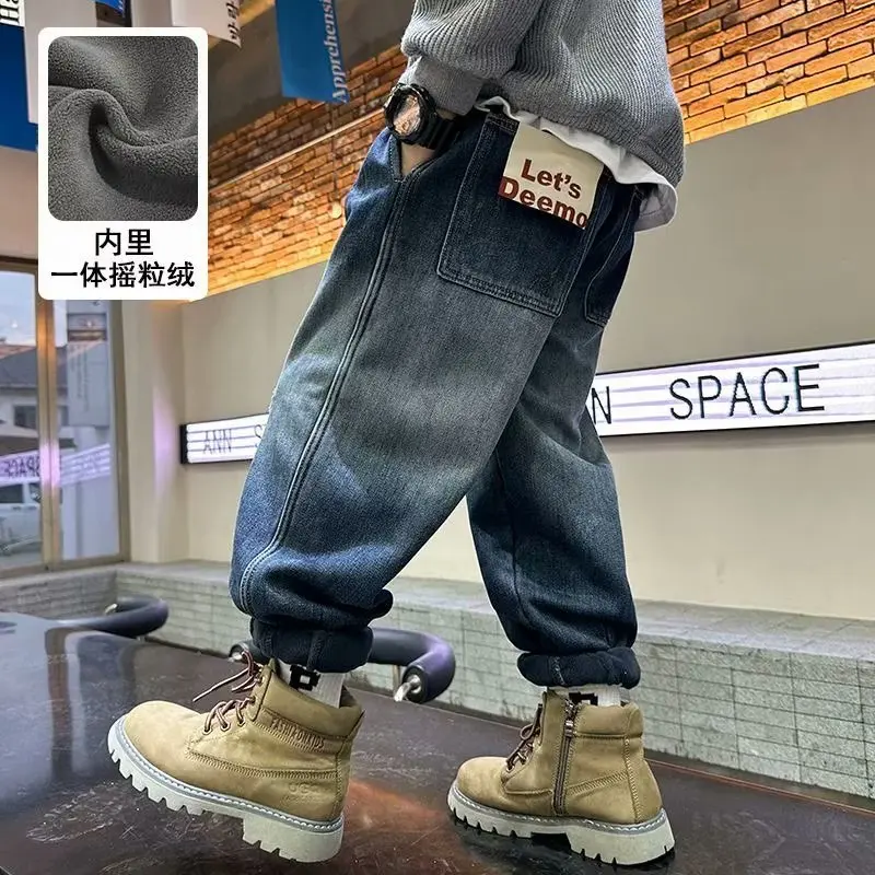 

Black 2025 Winter Straight Fleece Jeans Boys Casual Vintage Warm Thick Loose High Waist Elastic Velvet Denim Pants