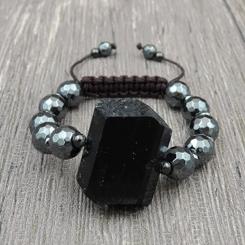 Black Tourmaline Double Point Faceted Hematite Round Beads Bracelet Hand-knitted Centipede Knot