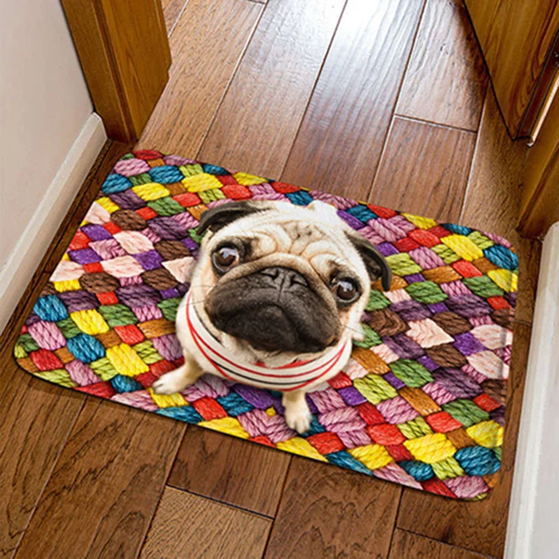 3D Flannel Printed Cute Pug Dog Entrance Doormat Floor Carpet Bathroom Bedroom Door Mat Bedside Rug Home Decor Kitchen Balcony