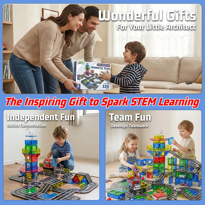 مجموعة 150 قطعة من البلاط المغناطيسي مع مسار الرخام، ألعاب تعليمية مغناطيسية للأطفال في مرحلة ما قبل المدرسة، هدية تعليمية في مجالات العلوم والتكنولوجيا والهندسة والرياضيات
