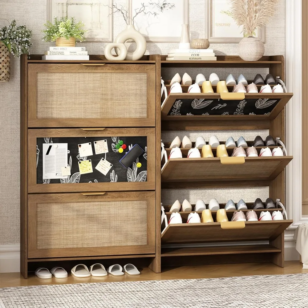Rattan Shoe Storage Cabinet with 6 Flip Drawers & Chalkboard, Freestanding Organizer for Front Door Entrance