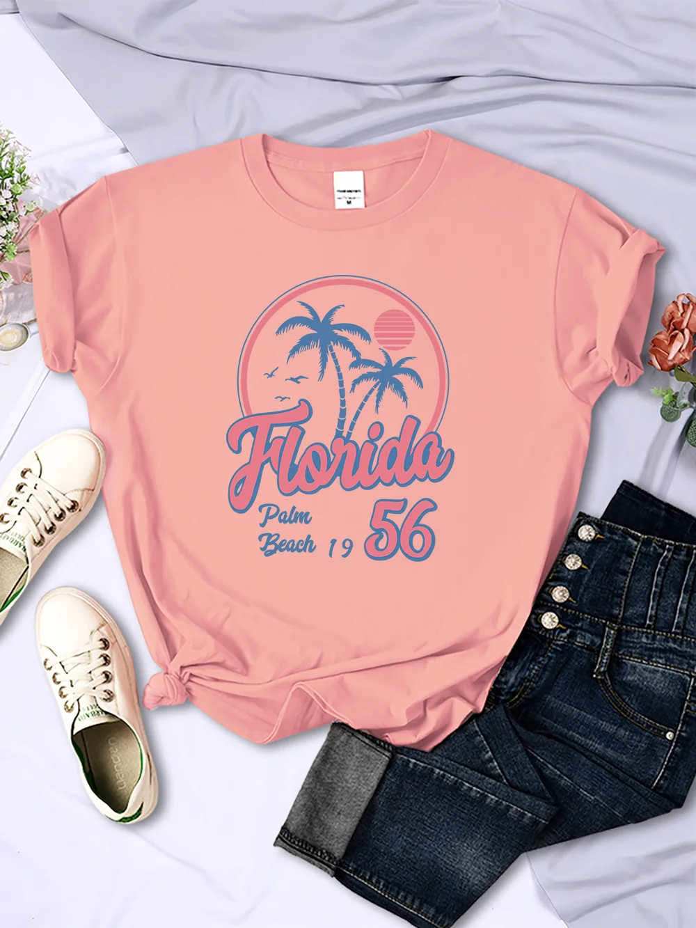 Palm Beach 1956 Print Tshirts Women Street Hip Hop Clothes Summer Breathable Short Sleeve Summer Soft T-Shirt Female