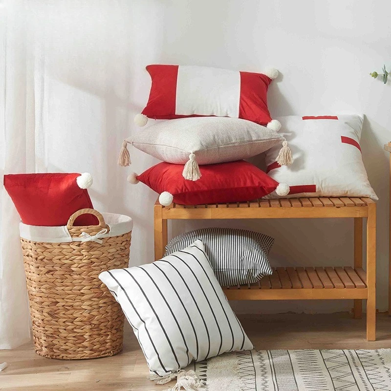 

New Velvet Christmas Cushion Cover Pillow Covers Decorative Red Bow Hairball Cushion Cover Festive Home Christmas Decorations
