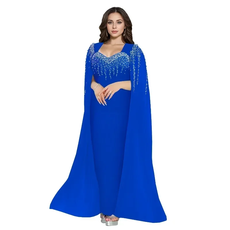 女性用エレガントなダイヤモンドとパール付きシアーメッシュショールスリーブ、ボディコンマキシ丈イブニングパーティードレス、スリムなフォーマルオケージョンロングローブドレス