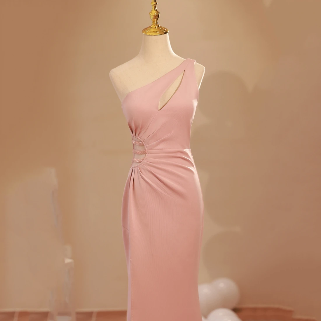 New Arrival One-Shoulder Pink Satin Evening Dress for Women Customized