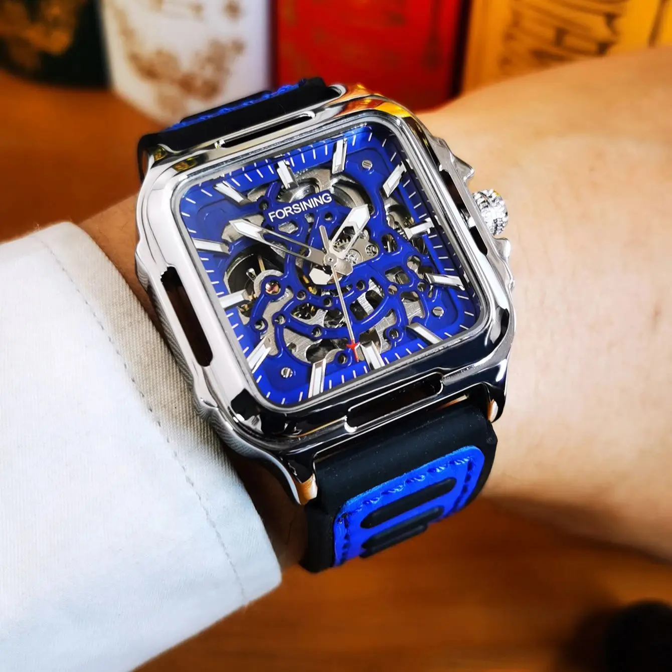 

Forsining Sports Mechanical Watches Fashion Square Skeleton Automatic Watch for Men Blue Rubber Leather Strap Luminous Hands New
