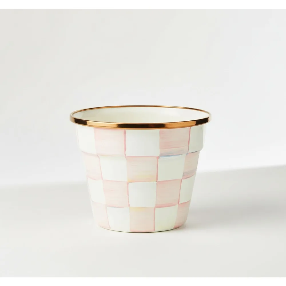 

Enamel Garden Pot, Pink-and-White Rosy Check Planter for Indoor/Outdoor Plants, Decorative Flowerpot Gift