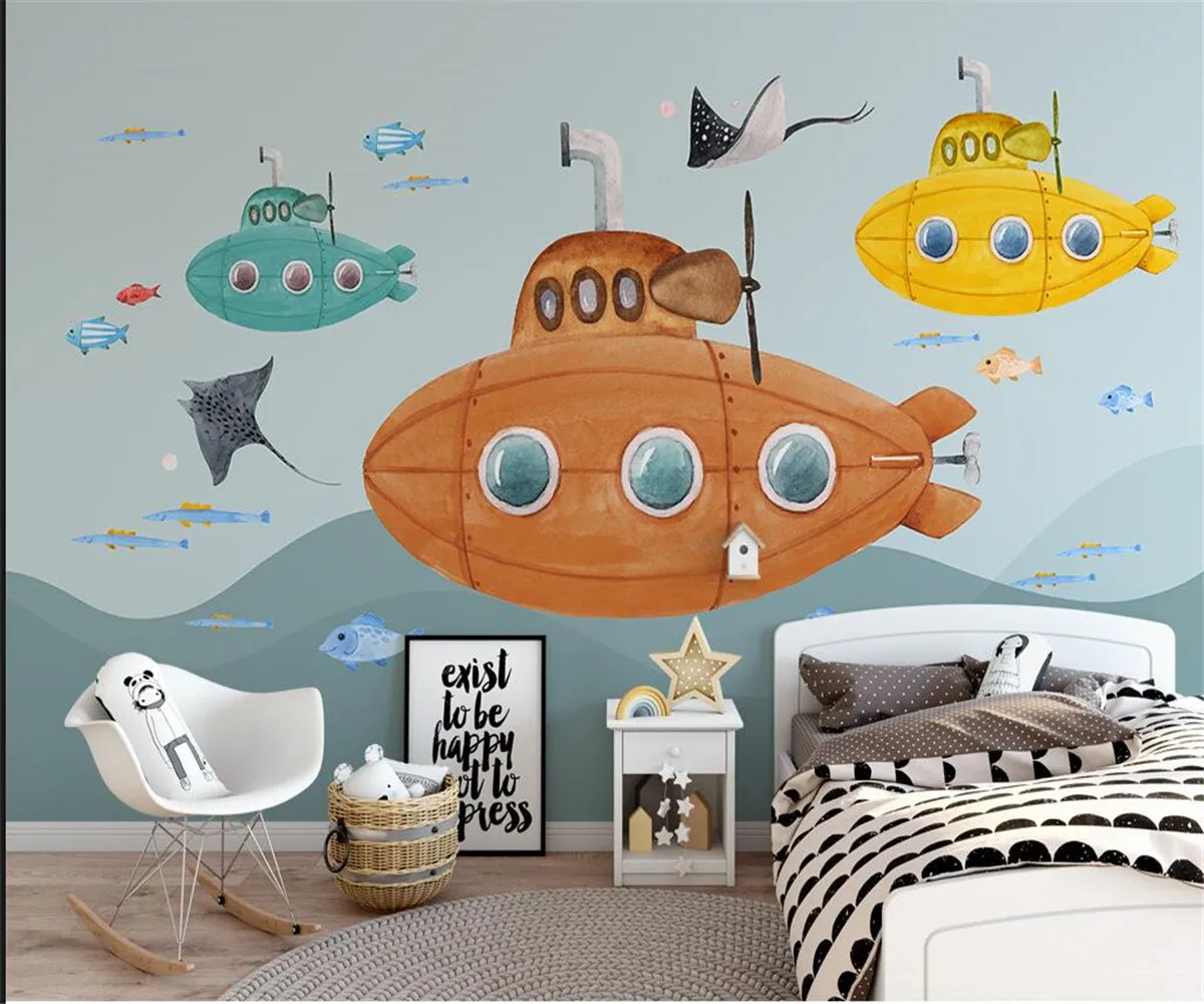 

Custom Any Size Mural Wallpaper 3D silk material underwater Cartoon Submarine Children's Room home decor Wall Painting