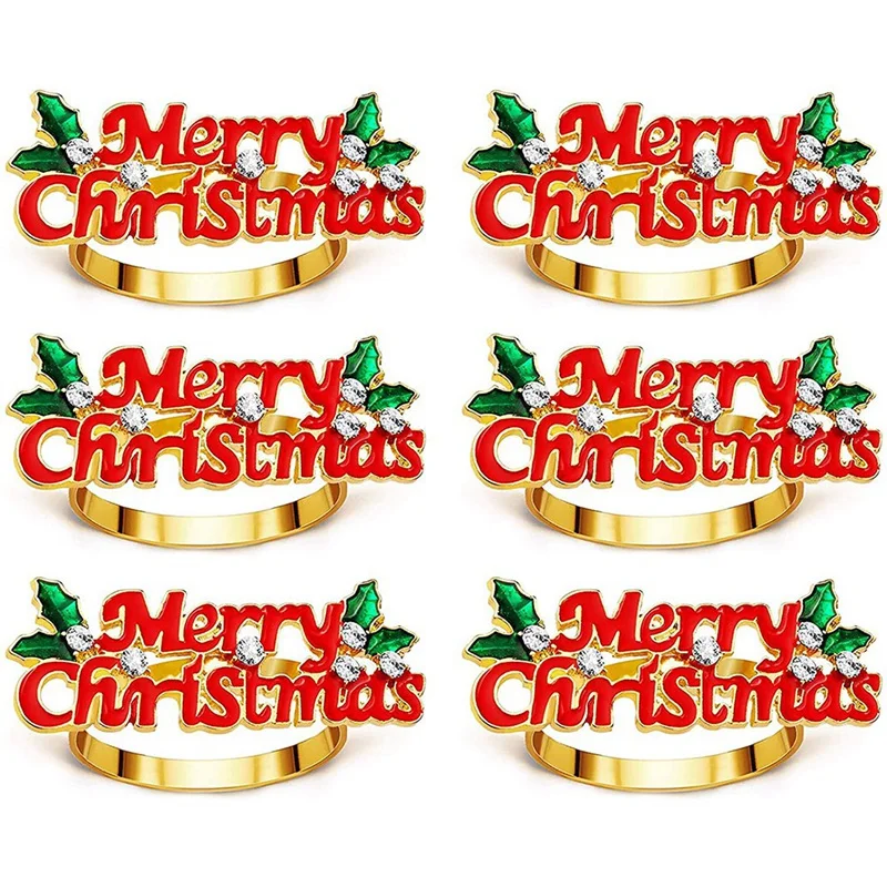 

Christmas Napkin Rings Set Of 6, Red Merry Christmas Napkin Ring, Napkin Holder For Christmas Party Dinner Table Decor