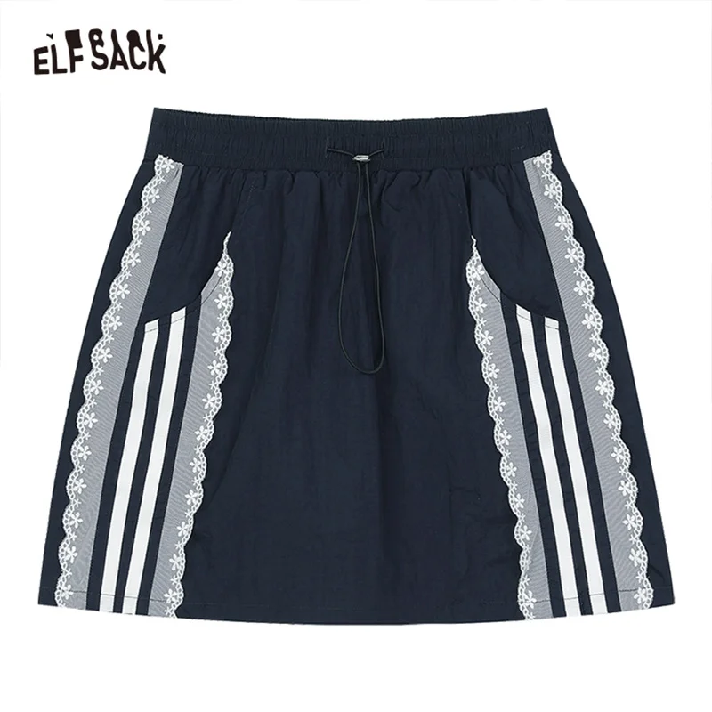 ELFSACK 2024 summer new arrival Cyan lace stitching A-line casual sports breathable workwear skirt for women