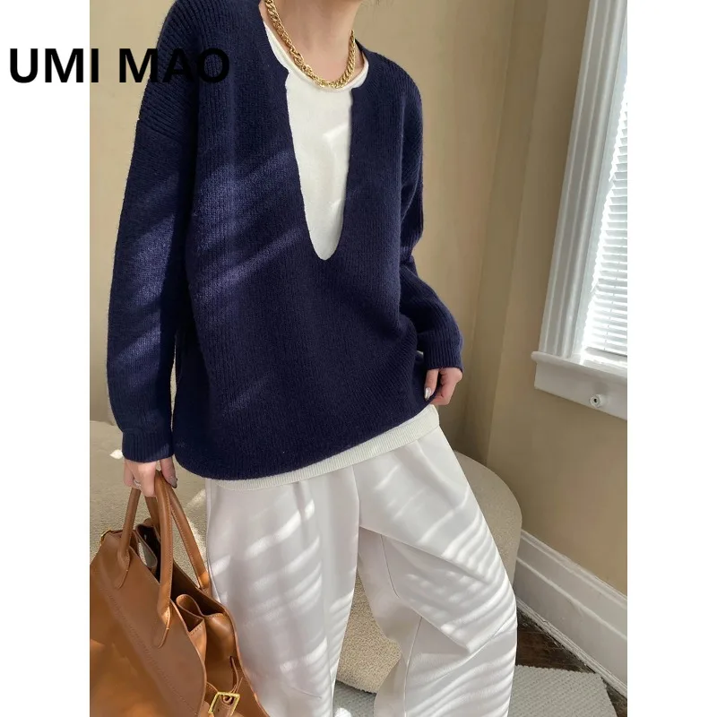 

UMI MAO Top Old Money High Sense French Lazy Style Deep V-Neck Color-Block Fake Two-Piece Knitted Sweater Femme