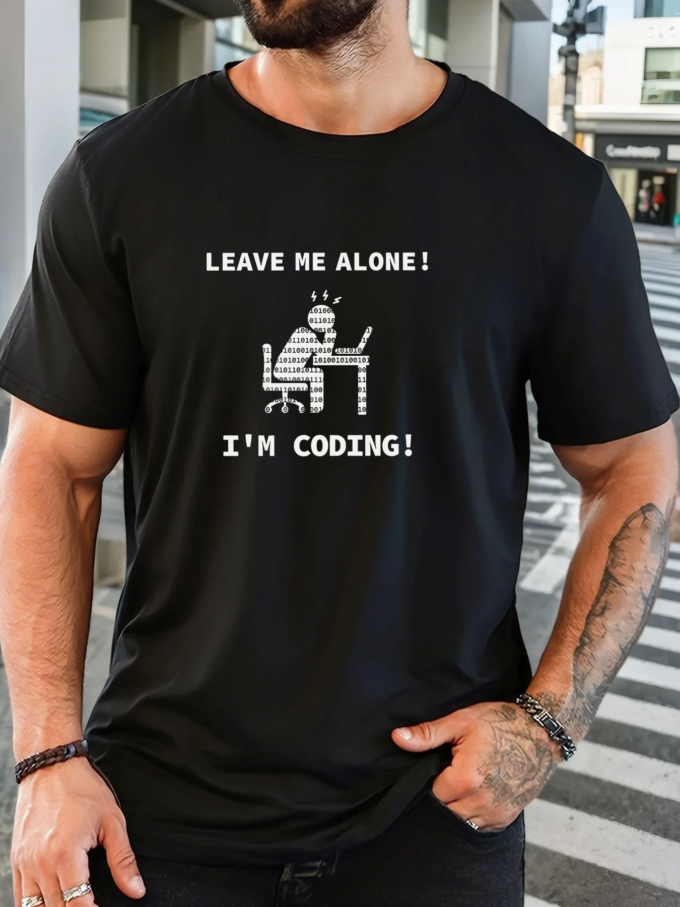 Leave Me Alone I'm Coding Binary Code Graphic Men T-Shirt Funny Programmer Developer Short Sleeve Cotton Tee Geek Tech Nerd Top
