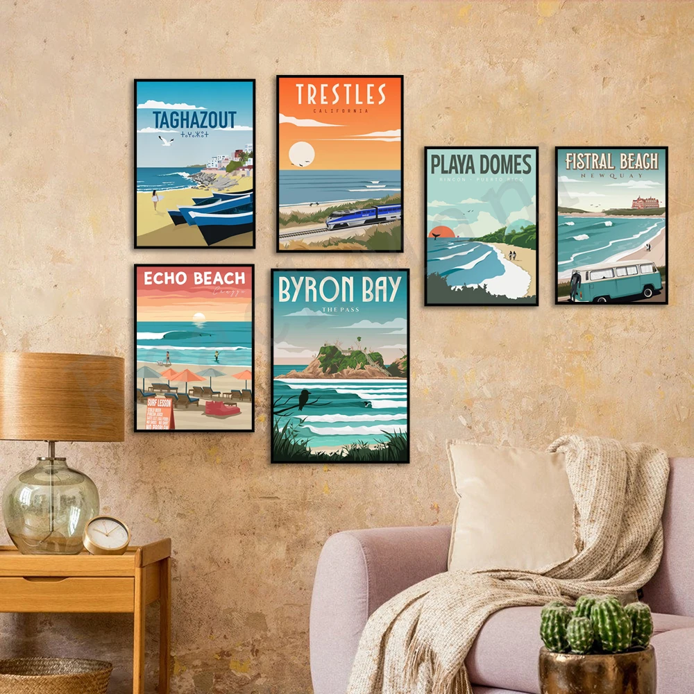 Puerto Rico, Hawaii, Cornwall, England, Portugal, California, Uluwatu, Bali, Australia Byron Bay Surf Poster, Illustration, Ocea