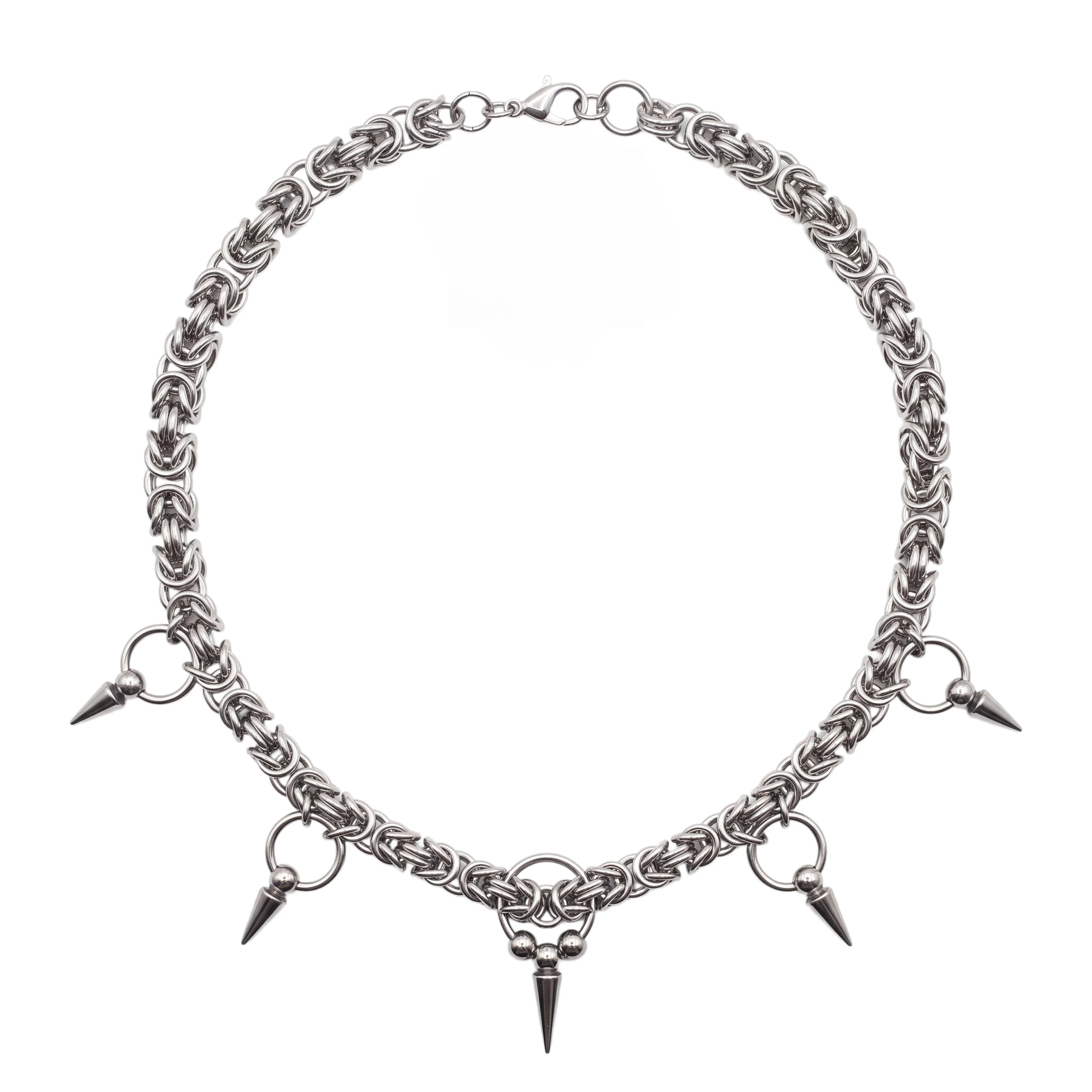 Gothic Punk Cone Spike Choker Necklace Black Agate Tube Bead Rivet Collar for Men Women Grunge Alternative Streetwear Jewelry