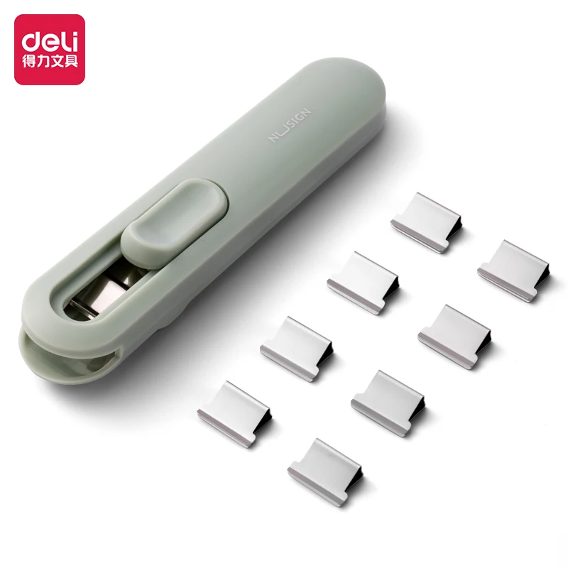Deli Nusign NS085 papierclipsdispenser met 8 stuks 16 mm clips, arbeidsbesparend, capaciteit voor 40 vellen, NS086 navulsets, 50 stuks, kantoorartikelen.