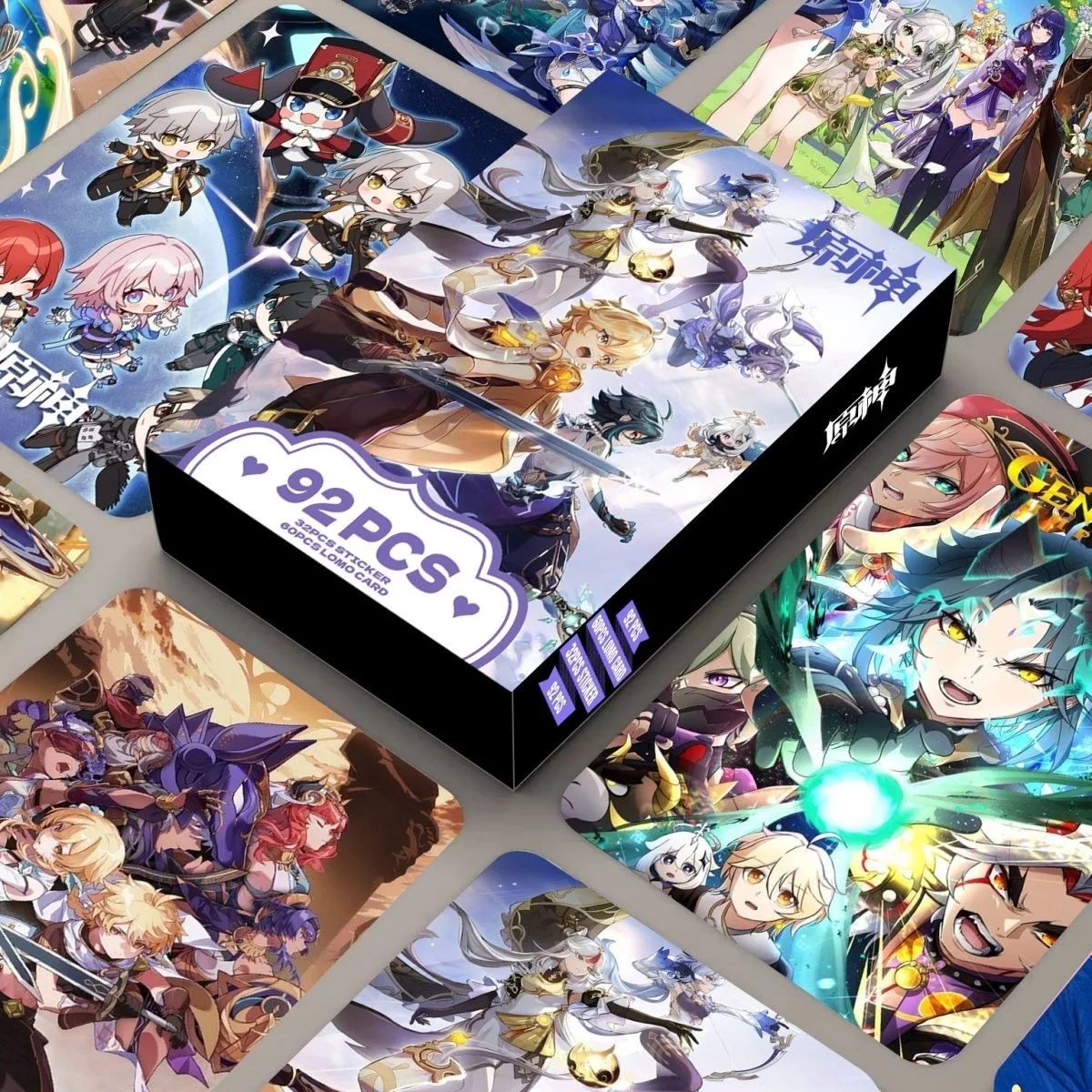 

92 шт./кор. Genshin Impact Laser LOMO Card-голографические фотокарточки с игровыми персонажами и бонусными наклейками