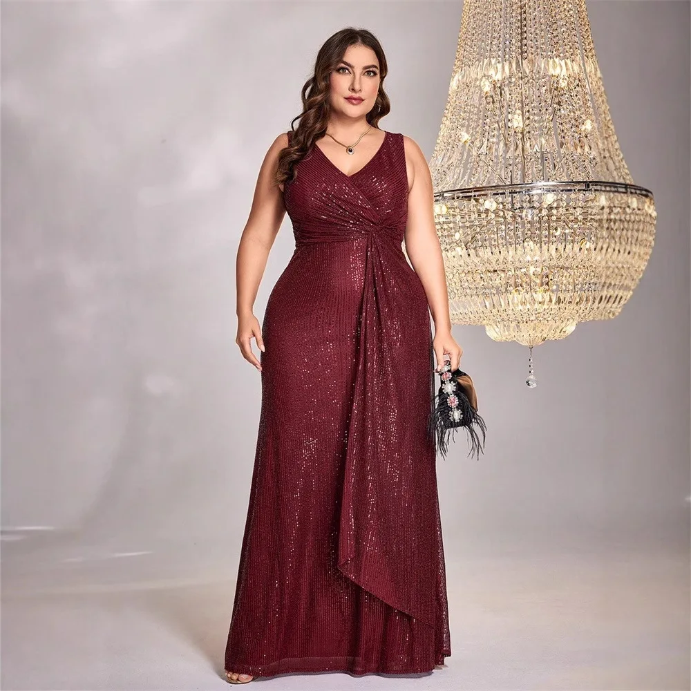 

Plus Size Burgundy Sequin Mermaid Maxi Dress Sleeveless Surplice V Neck Twist Waist Draped Panel Mother of Bride Gown