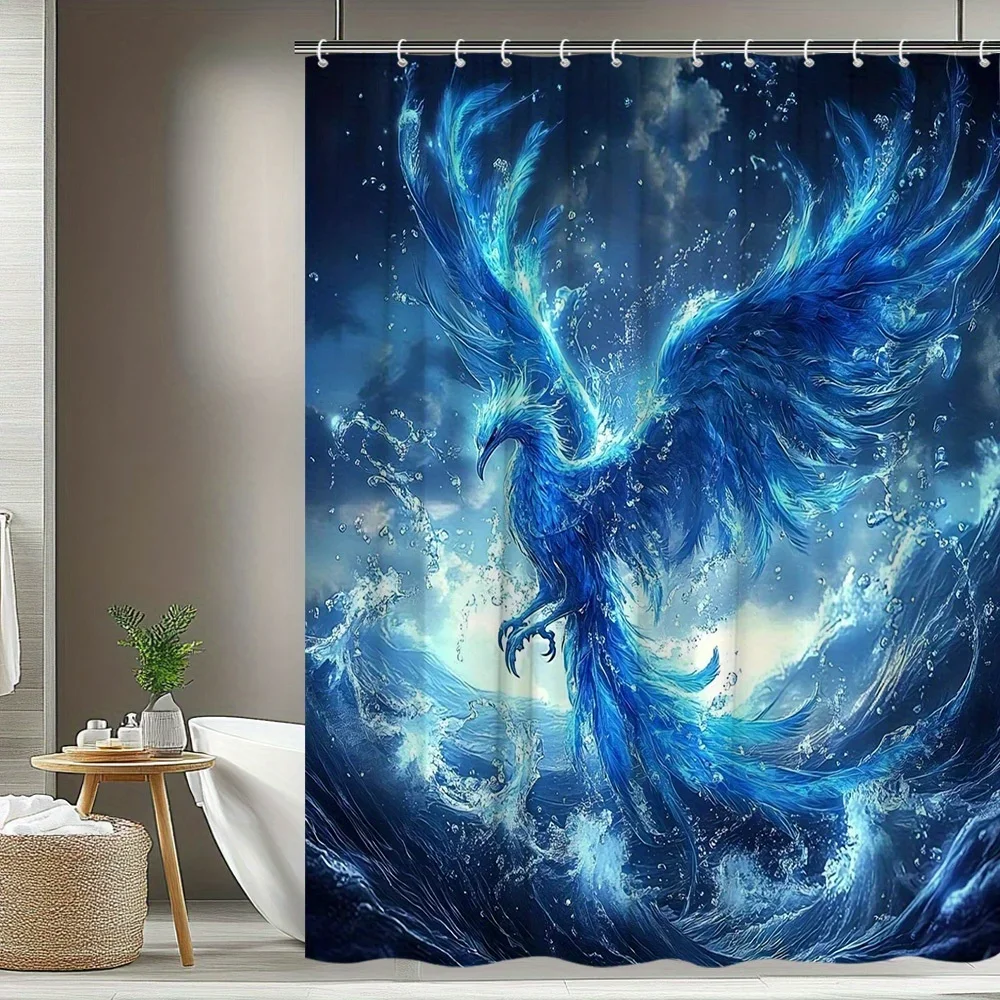 

1 шт. Занавеска для душа Mystic Phoenix — яркий синий и золотой дизайн Феникса, полиэфирная ткань, 70 шт. 8х70. 8-дюймовые, 12 крючков,