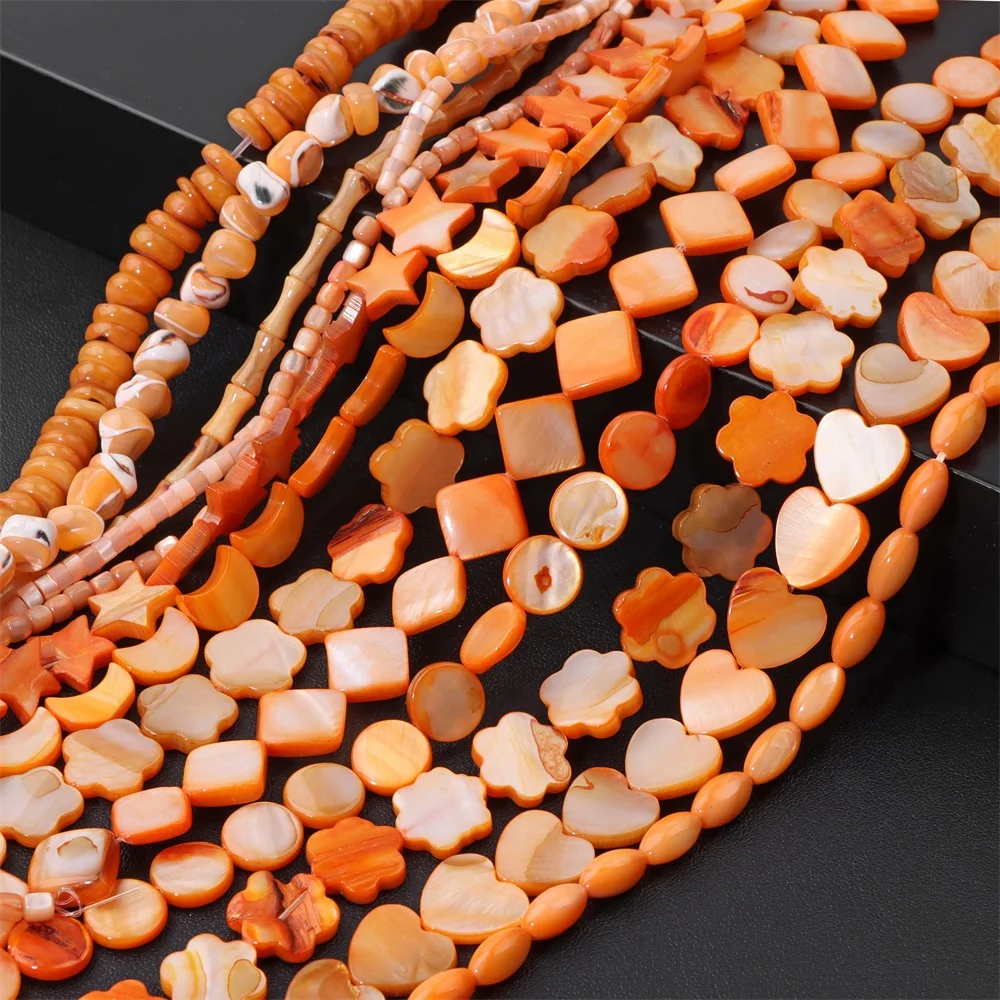 Natural Orange Mother Of Pearl Mop Shell Beads Loose Round Heart Oval Shell Beads Charm For Jewelry Making DIY Bracelet Necklace