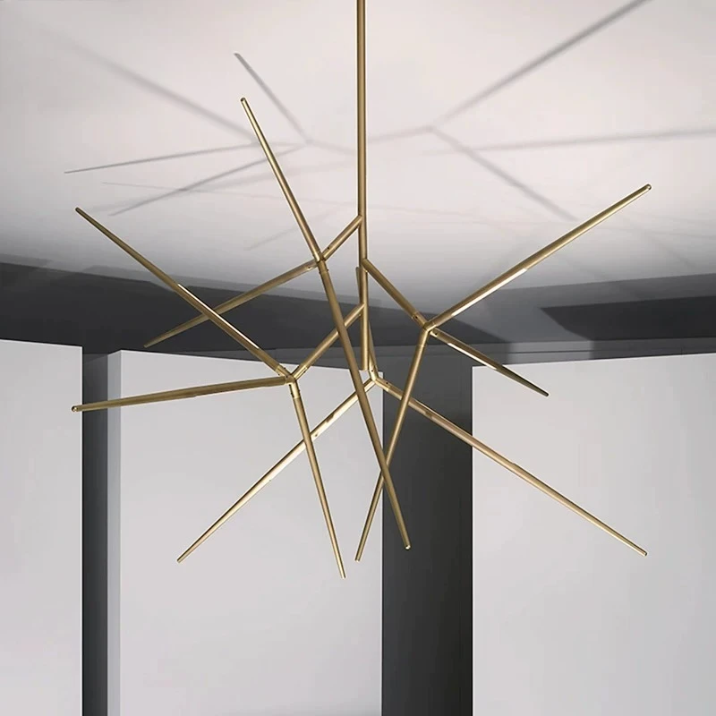 Modern Gold Abstract Starburst Chandelier 16 Light Intersecting Rod Pendant Light for Living Room Foyer Dining Room  Mid Centur