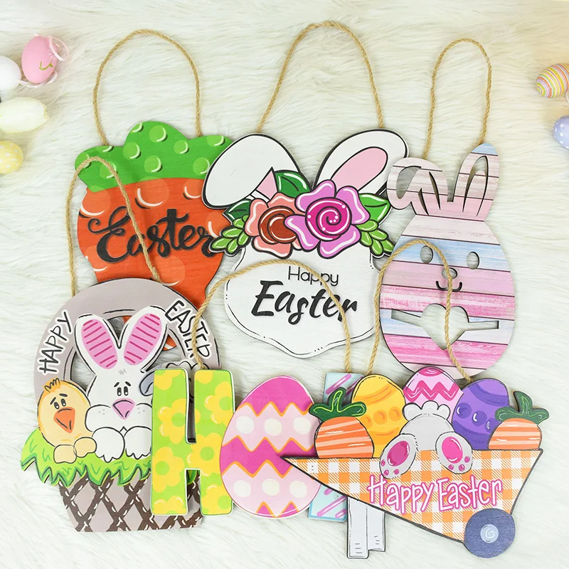 1pcs Easter Wooden Pendants Cute Rabbit Egg Hanging Ornaments For Home Wood Crafts Easter Decoration For Kids Gift Party Supplie