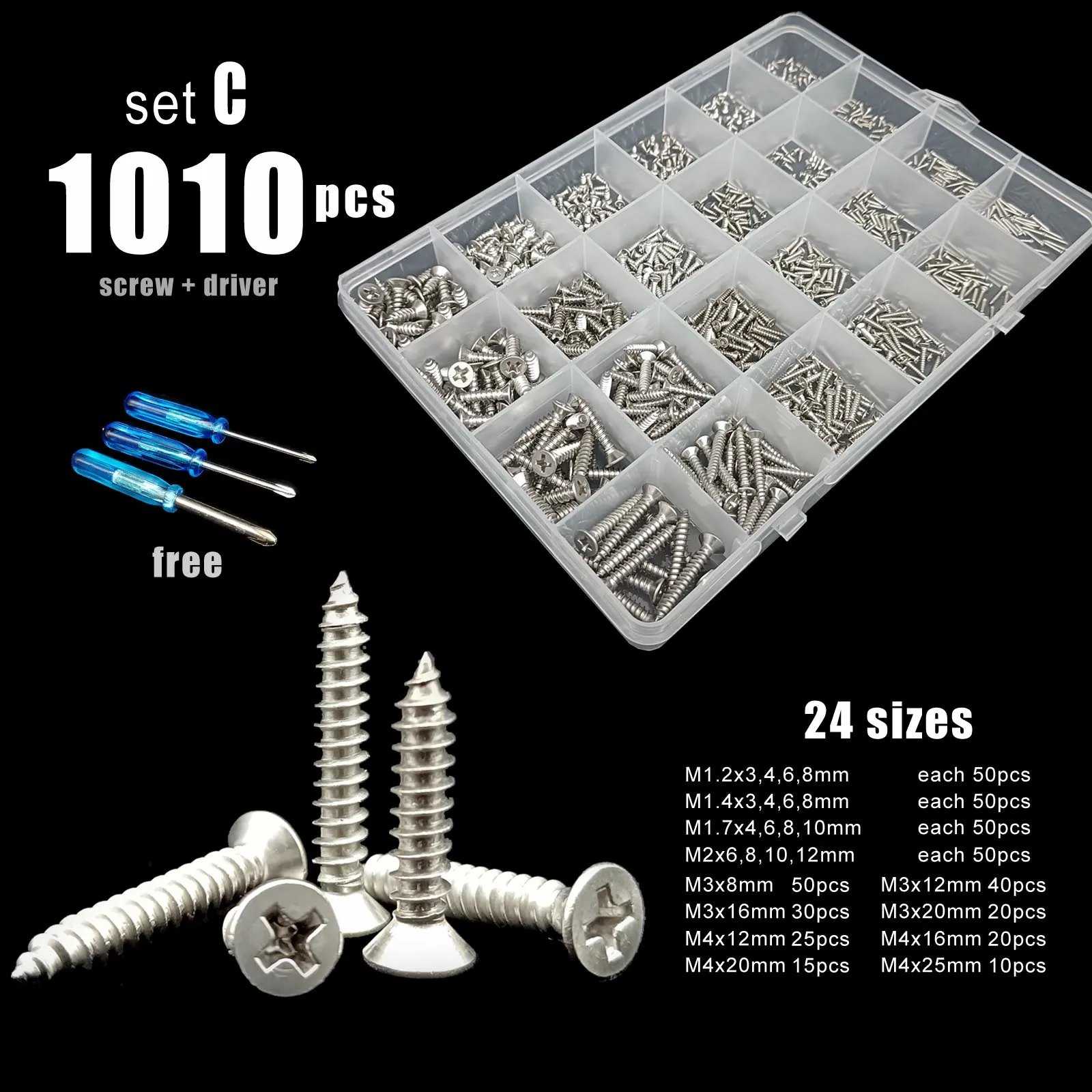 380/1010X M1.2 M1.4 M1.7 M2 M3 M4 304 Stainless Steel Small Cross Phillips Flat Countersunk Head Self-tapping Wood Screw Set Kit