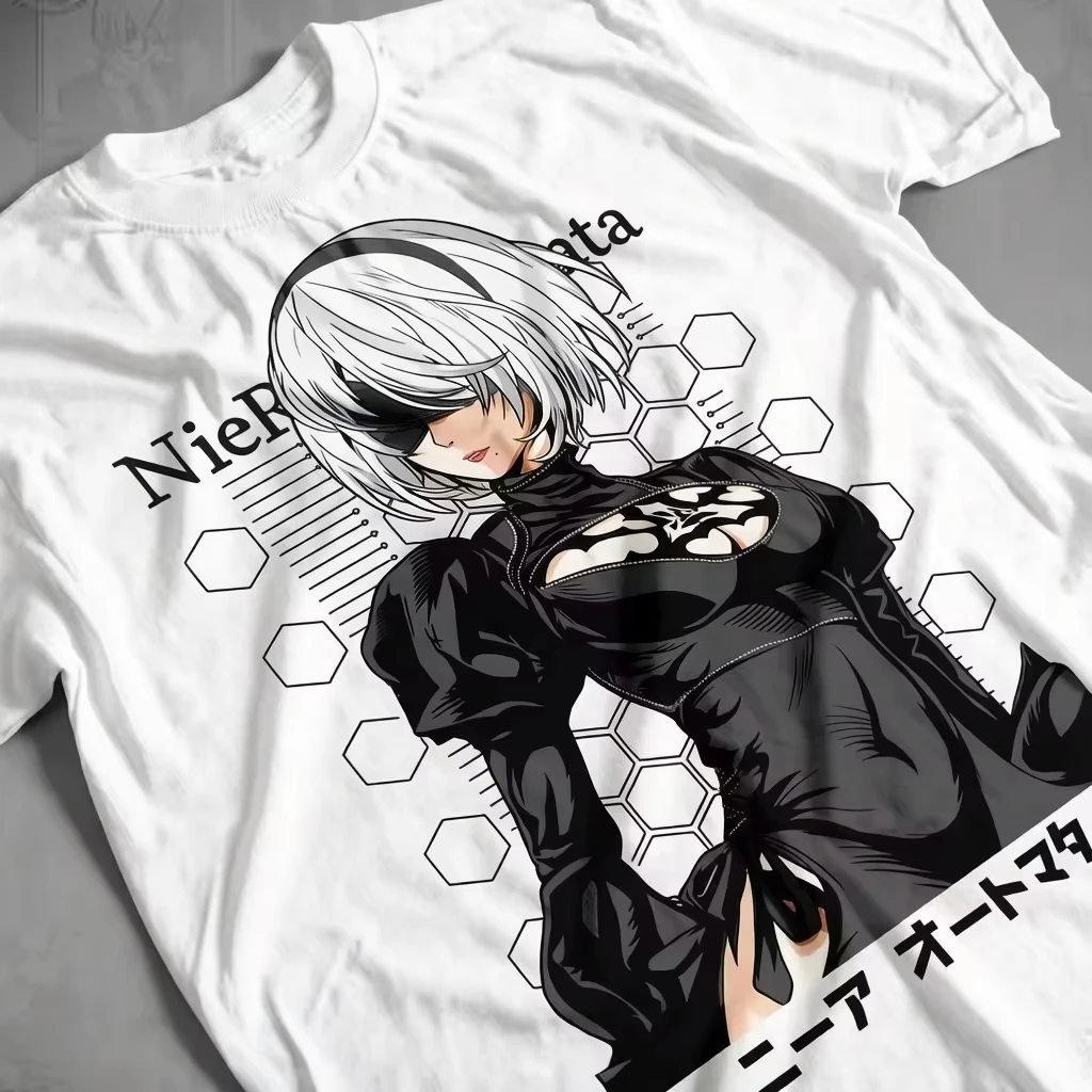 2B Nier Automata Hex Tech Kanji Graphic T‑shirt Unisex Washed Cotton Oversized Short Sleeve Summer Casual Tops